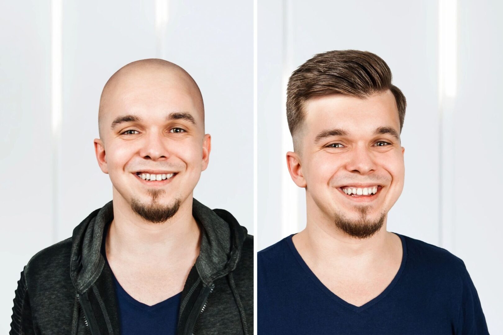 Two men with different hair styles and one is bald